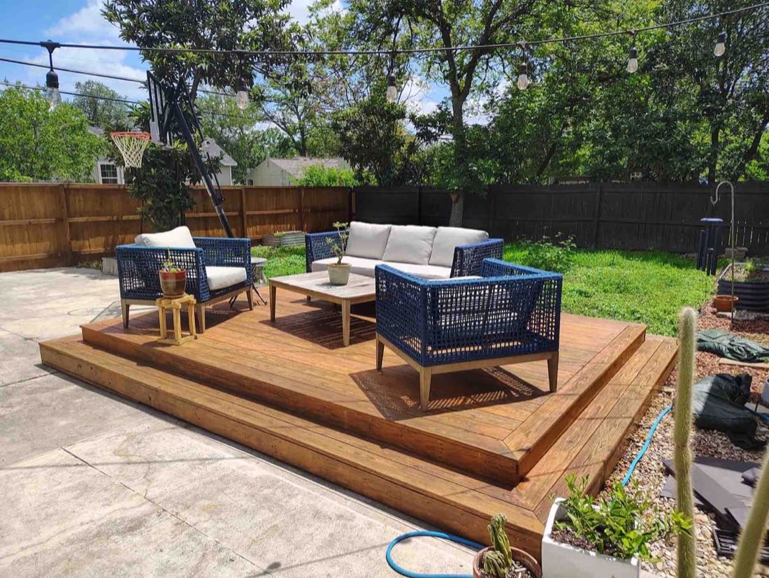 Outdoor seating area with wooden deck